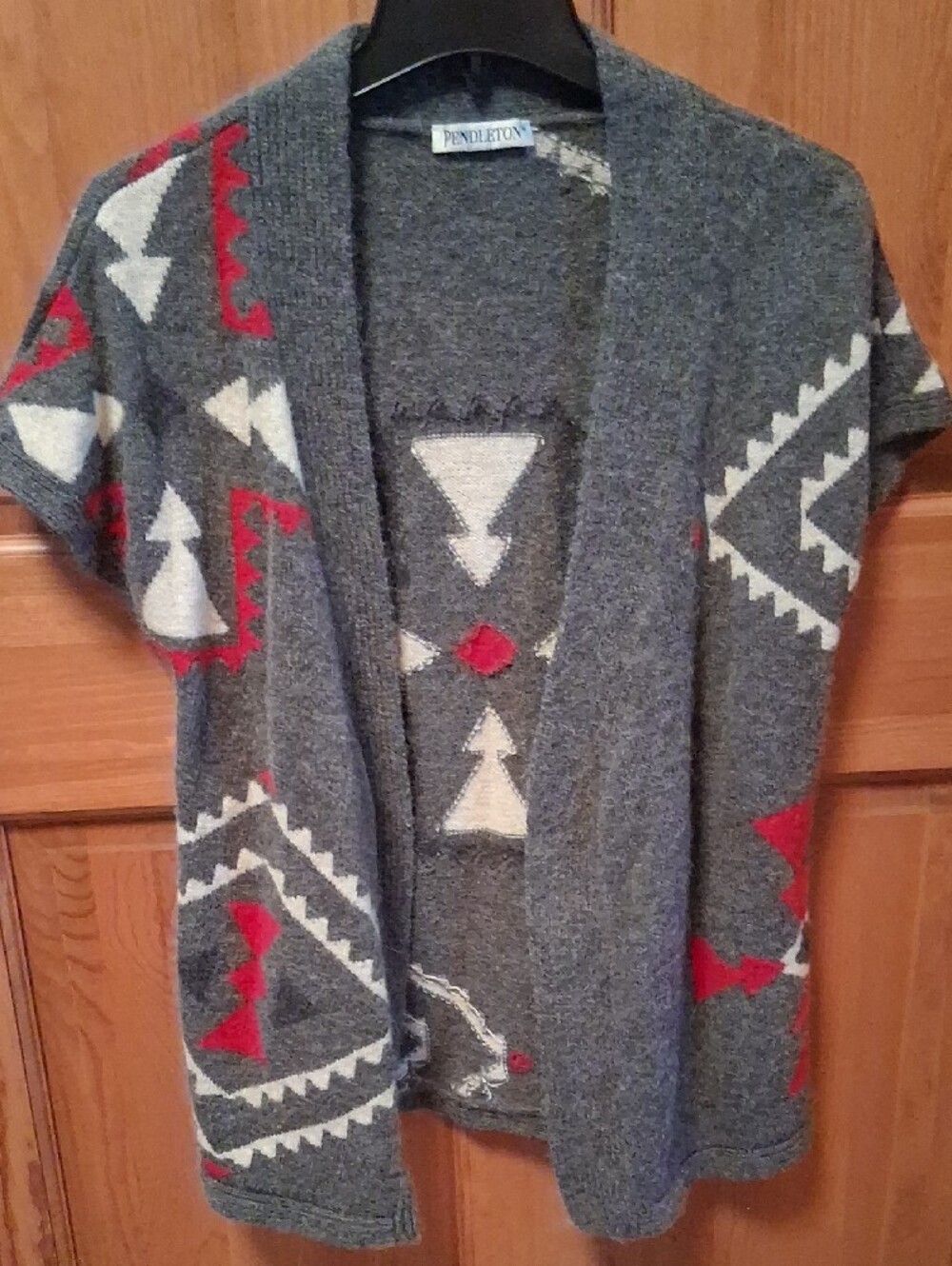 Pendleton Gray Aztec Shawl Cardigan with Red and Cream Accents Wool & Alpaca - Picture 2 of 11